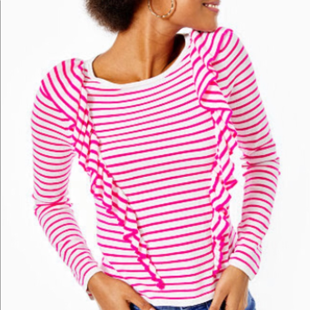 Lilly Pulitzer Ruth Striped Sweater in Pink Tango Beach Stripe, Size Small.